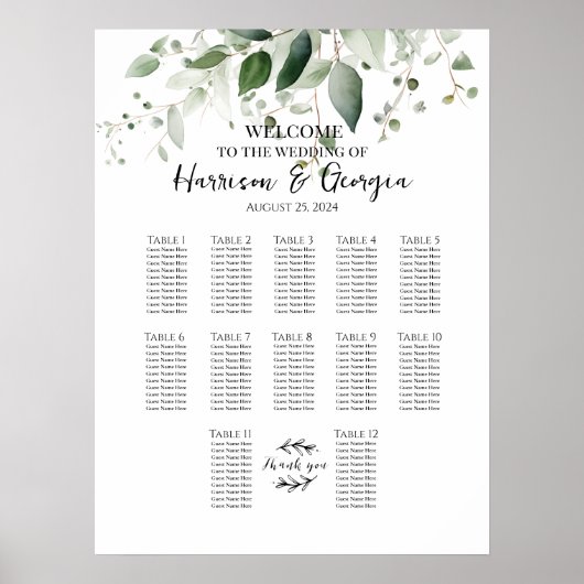 12テーブル緑のエレガントな結婚式のシーティングチャート ポスター (正面)