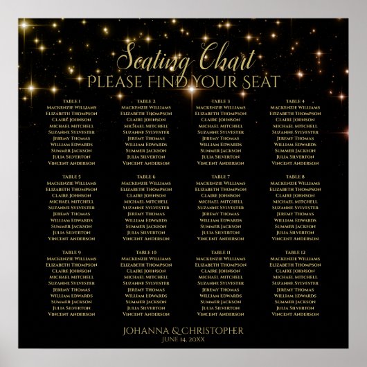 12テーブル金ゴールドが黒の結婚座席表を輝かす ポスター (正面)