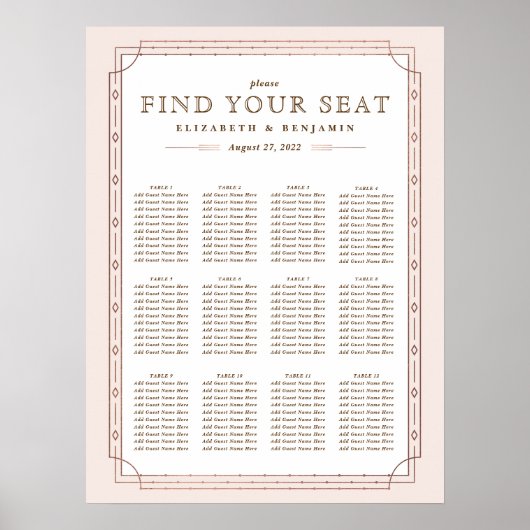 12テーブル |アールデコ赤面バラゴールドフォイル結婚ズ ポスター (正面)