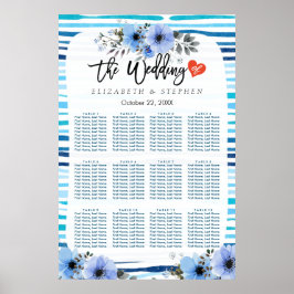 12テーブル 席順チャート ブルー ウォーターカラー フラワーリング ポスター