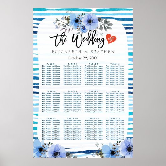 12テーブル 席順チャート ブルー ウォーターカラー フラワーリング ポスター (正面)