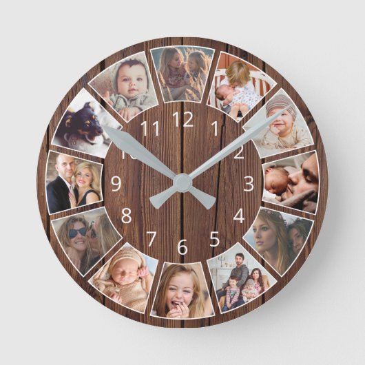 12パーソナライズされたフォトコラージュ天然木材 ラウンド壁時計 (正面)