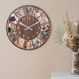 12パーソナライズされたフォトコラージュ天然木材 ラウンド壁時計