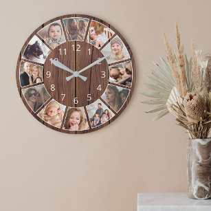 12パーソナライズされたフォトコラージュ天然木材 ラージ壁時計