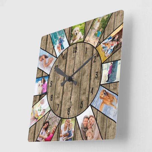 12パーソナライズされたフォトコラージュ天然素朴木材 スクエア壁時計 (傾斜)
