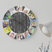 12パーソナライズされたフォトコラージュ灰色の木丸 ラージ壁時計