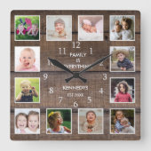 12パーソナライズされたフォトコラージュ素朴ブラウンウッド スクエア壁時計 (正面)