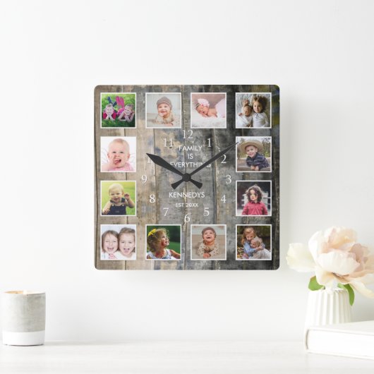 12パーソナライズされたフォトコラージュ素朴染色木材 スクエア壁時計 (ホーム)