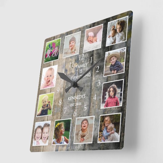 12パーソナライズされたフォトコラージュ素朴染色木材 スクエア壁時計 (傾斜)