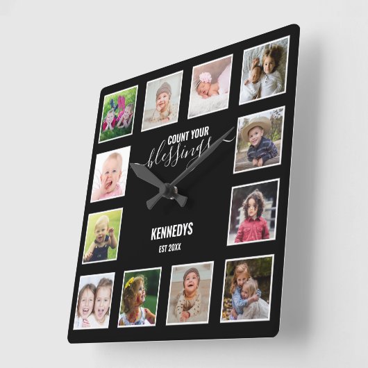 12パーソナライズされたフォトコラージュ賛美ファミリー スクエア壁時計 (傾斜)