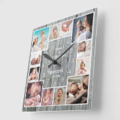 12ファミカスタムリーフォトコラージュグレーウ素朴ッド スクエア壁時計 (傾斜)