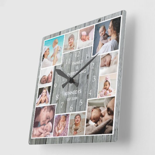 12ファミカスタムリーフォトコラージュグレーウ素朴ッド スクエア壁時計 (傾斜)