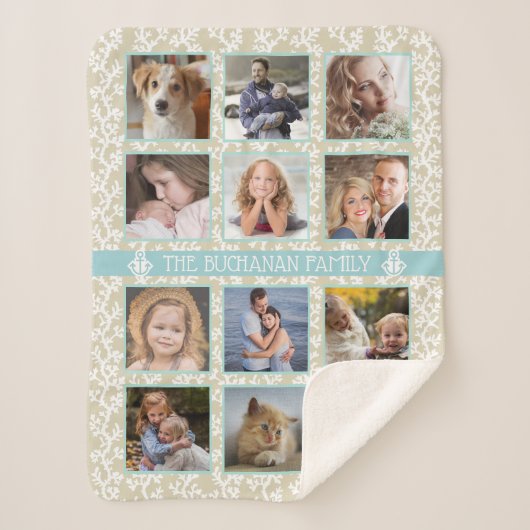 12ファミリーフォトコラージュビーチサンゴ航海の簡単 シェルパブランケット (正面)