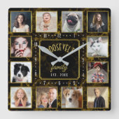 12ファミリーフォトコラージュブラック金ゴールド大理石カスタム スクエア壁時計 (正面)