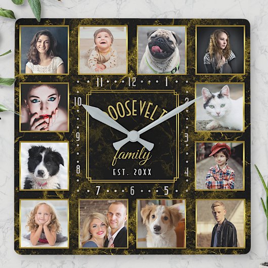 12ファミリーフォトコラージュブラック金ゴールド大理石カスタム スクエア壁時計