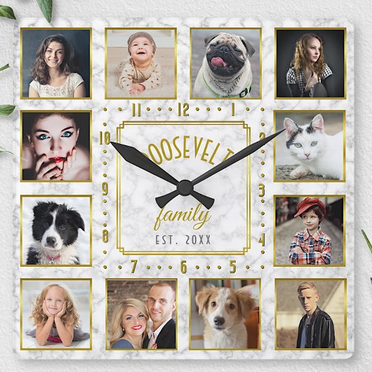 12ファミリーフォトコラージュホワイト金ゴールド大理石カスタム スクエア壁時計