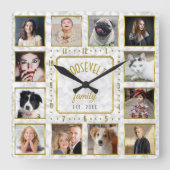 12ファミリーフォトコラージュホワイト金ゴールド大理石カスタム スクエア壁時計 (正面)