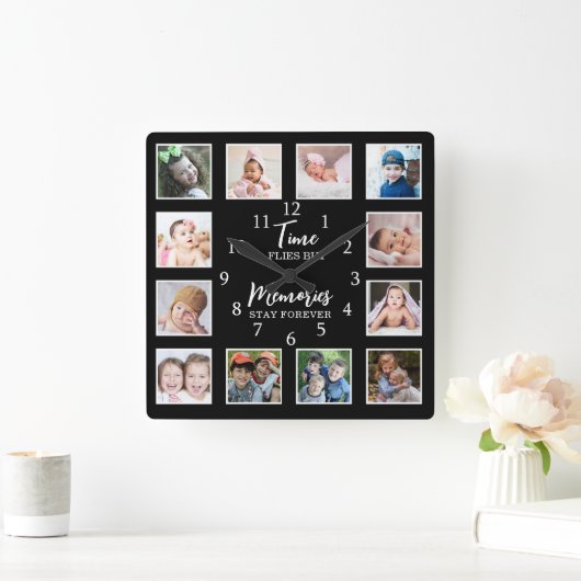 12フォトコラージタイムフライメモリーズステイ引用文 スクエア壁時計 (ホーム)