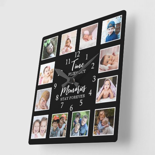 12フォトコラージタイムフライメモリーズステイ引用文 スクエア壁時計 (傾斜)