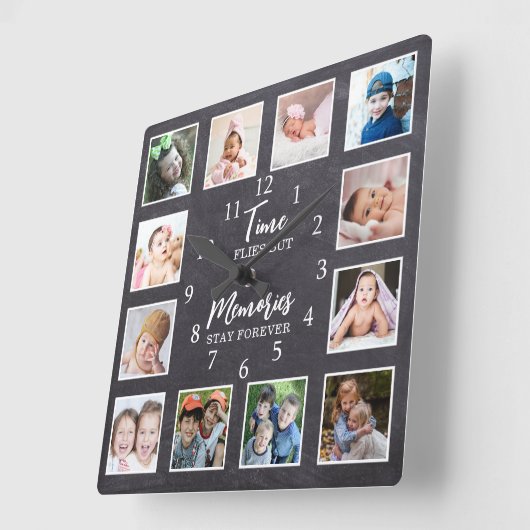 12フォトコラージタイムフライ引用文シャルボード スクエア壁時計 (傾斜)