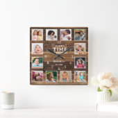 12フォトコラージファミリータイム引用文ファームハウスウッド スクエア壁時計 (ホーム)