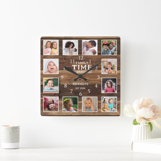 12フォトコラージファミリータイム引用文ファームハウスウッド スクエア壁時計 (ホーム)