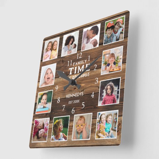 12フォトコラージファミリータイム引用文ファームハウスウッド スクエア壁時計 (傾斜)