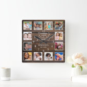 12フォトコラージファミリー引用文ダークブラウン木材 スクエア壁時計 (ホーム)