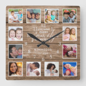 12フォトコラージファミリー引用文再生木材 スクエア壁時計 (正面)