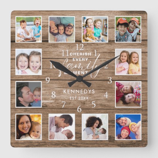 12フォトコラージファミリー引用文再生木材 スクエア壁時計 (正面)