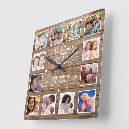 12フォトコラージファミリー引用文再生木材 スクエア壁時計 (傾斜)