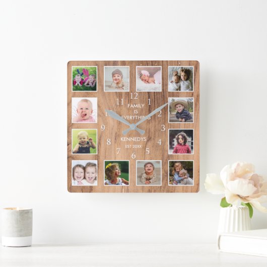 12フォトコラージファミリー引用文風化木材 スクエア壁時計 (ホーム)