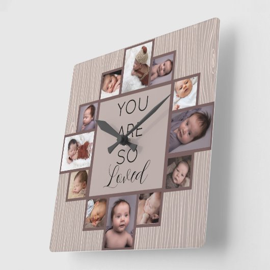 12フォトコラージュあなたはとても愛されている引用文ウッド スクエア壁時計 (傾斜)