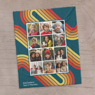 12フォトコラージュとレトロ70インスパイアsストライプの フリースブランケット