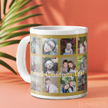 12フォトコラージュと金ゴールド背景 ジャンボコーヒーマグカップ<br><div class="desc">写真をこのお気に入りのおもしろいテンプレートに追加する。このグリッドにはInstagramの写真や任意の写真を使用できる。</div>