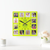 12フォトコラージュタイム、ファミリー引用文ネオングリーン スクエア壁時計 (ホーム)