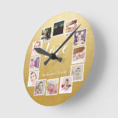 12フォトコラージュパーソナライズされた金ゴールド ラウンド壁時計 (傾斜)