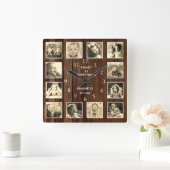 12フォトコラージュファミリ引用文パレット木目ヴィンテージ スクエア壁時計 (ホーム)