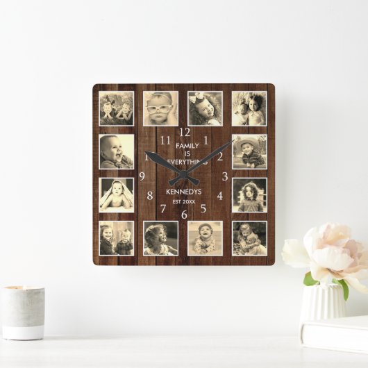 12フォトコラージュファミリ引用文パレット木目ヴィンテージ スクエア壁時計 (ホーム)