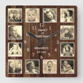 12フォトコラージュファミリ引用文パレット木目ヴィンテージ スクエア壁時計 (正面)