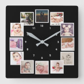 12フォトコラージュユニークパーソナライズされた スクエア壁時計 (正面)
