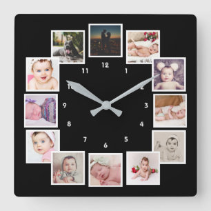 12フォトコラージュユニークパーソナライズされた スクエア壁時計