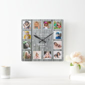 12フォトコラージュ一緒に家族の引用文灰色の木 スクエア壁時計 (ホーム)