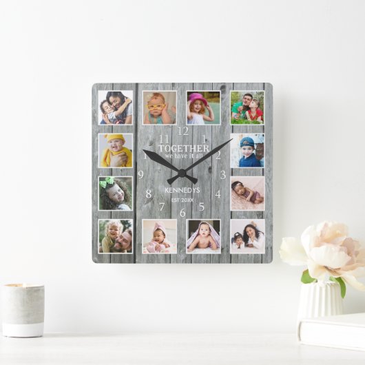 12フォトコラージュ一緒に家族の引用文灰色の木 スクエア壁時計 (ホーム)