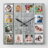 12フォトコラージュ一緒に家族の引用文灰色の木 スクエア壁時計 (正面)