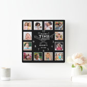 12フォトコラージュ写真フレームファミリ引用文ブラック スクエア壁時計 (ホーム)