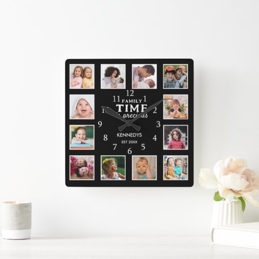 12フォトコラージュ写真フレームファミリ引用文ブラック スクエア壁時計 (ホーム)