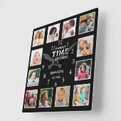 12フォトコラージュ写真フレームファミリ引用文ブラック スクエア壁時計 (傾斜)