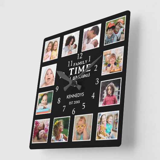 12フォトコラージュ写真フレームファミリ引用文ブラック スクエア壁時計 (傾斜)