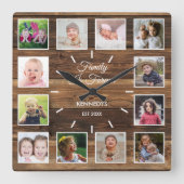 12フォトコラージュ家族は永遠の木素朴である スクエア壁時計 (正面)